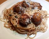 A picture of step 8 of Blackbean balls served with spaghetti #veganrecipe.