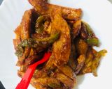 A picture of step 3 of Dragon potatoes with carrots and capsicum.