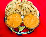 A picture of step 3 of Butter chicken 🐓 with garlic naan.