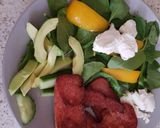 A picture of step 2 of Lunch today, Spam. Spinach Avocado,cucumber,and two soft cheeses.