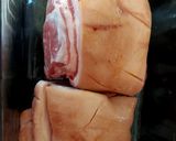 A picture of step 1 of My Roast pork, Balsamic glaze on Crusty Cob with salad & chips.