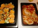 Barbecue csirke édesburgonya chipssel, zellerrel és cukkínivel