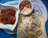 A picture of step 5 of Rice and beans with stew and coleslaw with boiled egg.
