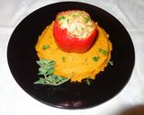 A picture of step 5 of Red bell peppers stuffed with oregano chicken on sweet potatoes puree.