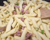 A picture of step 2 of Garganelli with asparagus and pancetta.