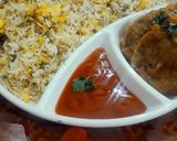 A picture of step 10 of Capsicum and chicken pulao with potato kabab platter.