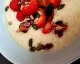 A picture of step 3 of Ready brek with fresh strawberries,Dried fruit & Seeds 😉.