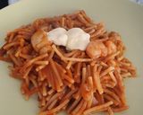 A picture of step 9 of Fideuá with Cuttlefish, Shrimp, and Aioli.