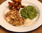A picture of step 7 of Cod cheek “fish & chips” w/ wasabi mushy peas 🐟🍟.