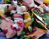 A picture of step 14 of Smoked duck/buckwheat/orange/pomegranate/houmous salad.