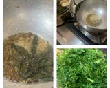 A picture of step 1 of Gajar Saag (Carrot leaves) stir fried with coconut.