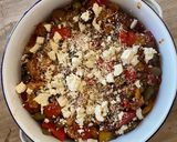 A picture of step 5 of Greek peppers and sausage bake with feta.