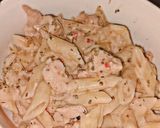 A picture of step 3 of Penne Alfredo pasta.