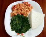 A picture of step 2 of Pumpkins leave with ugali and eggs #4weekschallange.