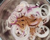 A picture of step 5 of Achari paneer tikka with achari onion rings.