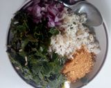A picture of step 7 of Rice and beans with moringa leaves.