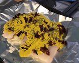 Une image de l'étape 7 de Filets de cabillaud aux épices, crème de curcuma et tomates séchées.