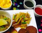 A picture of step 6 of Black pepper pineapple chicken with boil rice, macaroni, salad,chilli, sauces, lemon pepper drink.