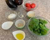 A picture of step 1 of Summer Eggplant Parmigiana with Basil Pesto, Buffalo Mozzarella, and Roasted Tomatoes.