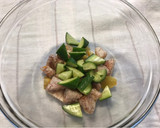 A picture of step 7 of Taro, Sweet Potato, Cucumber, and Cranberry Salad (with Egg and Fresh Basil).