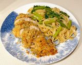 A picture of step 8 of Crunchy parmesan - crushed chicken with asparagus and lemon fettuccine.