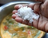 A picture of step 6 of Tamilnadu Thali - rice, sambar, mor kuzhambu, beetroot poriyal, payasam, buttermilk for lunch.