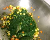 A picture of step 3 of Jade corn soup and paneer-corn patra.