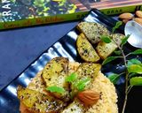 A picture of step 3 of Daliya couscous with curry leaf pesto crusted potatoes.