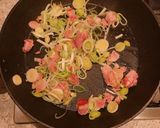 A picture of step 2 of BLT Pasta with garlic croutons.