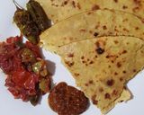 A picture of step 7 of Besan ki Roti.Piyaz Tamatar Hari Mirch Chutney.