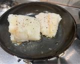 A picture of step 3 of Pan-fried Halibut, Jersey Royals, Herb and Legume Crush.