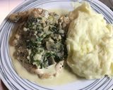 Foto del paso 6 de la receta: Pollo al horno con crema de champiñones y puré