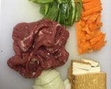 A picture of step 1 of Japanese Beef Fry with Tofu and Vegetable.