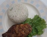 A picture of step 9 of Teragon steaks with garlic rice and vegs.