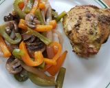 A picture of step 5 of Mustard Chicken Thighs with Bell Pepper and Mushroom Side.