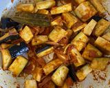 A picture of step 3 of Okra masala with aubergine & sweet potato.