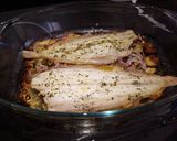 A picture of step 6 of Dover Sole in the oven with hot and crispy onion and potato on the side.