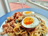 Creamy Carbonara with Steamed Honey Barbeque Chicken and Sausage