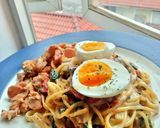 Foto langkah ke 11 dari resep Creamy Carbonara with Steamed Honey Barbeque Chicken and Sausage.