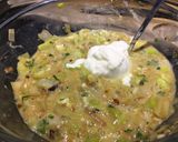 A picture of step 6 of Crustless Leek Quiche with blue cheese and chillies.