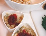 A picture of step 2 of Umeboshi onigiri/ plum rice ball.