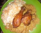 A picture of step 3 of Jollof Rice, coslow and fried chicken.