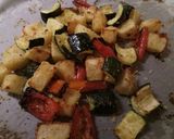 A picture of step 3 of Garlic roasted veg with oven baked salmon.