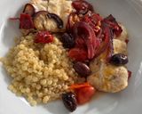 A picture of step 5 of Baked Italian cod with cherry tomatoes, olives and peppers.