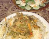 A picture of step 1 of Chinese rice with chicken sauce and salad.