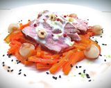 A picture of step 7 of Veal Chop Tagliata (about 1.3 lbs) with Gorgonzola Cream, Hazelnuts, and Peppers.