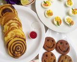 A picture of step 10 of Devilled eggs, Japanese Pancakes, Smiley potato Pakora.