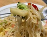 A picture of step 8 of Thai style Stir-fried rice noodles with chicken and sausages.