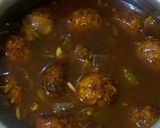 A picture of step 7 of Chainese manchurian with soup and fried rice.