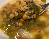 A picture of step 6 of Lebanese style lemony brown lentil, potato and spinach soup.